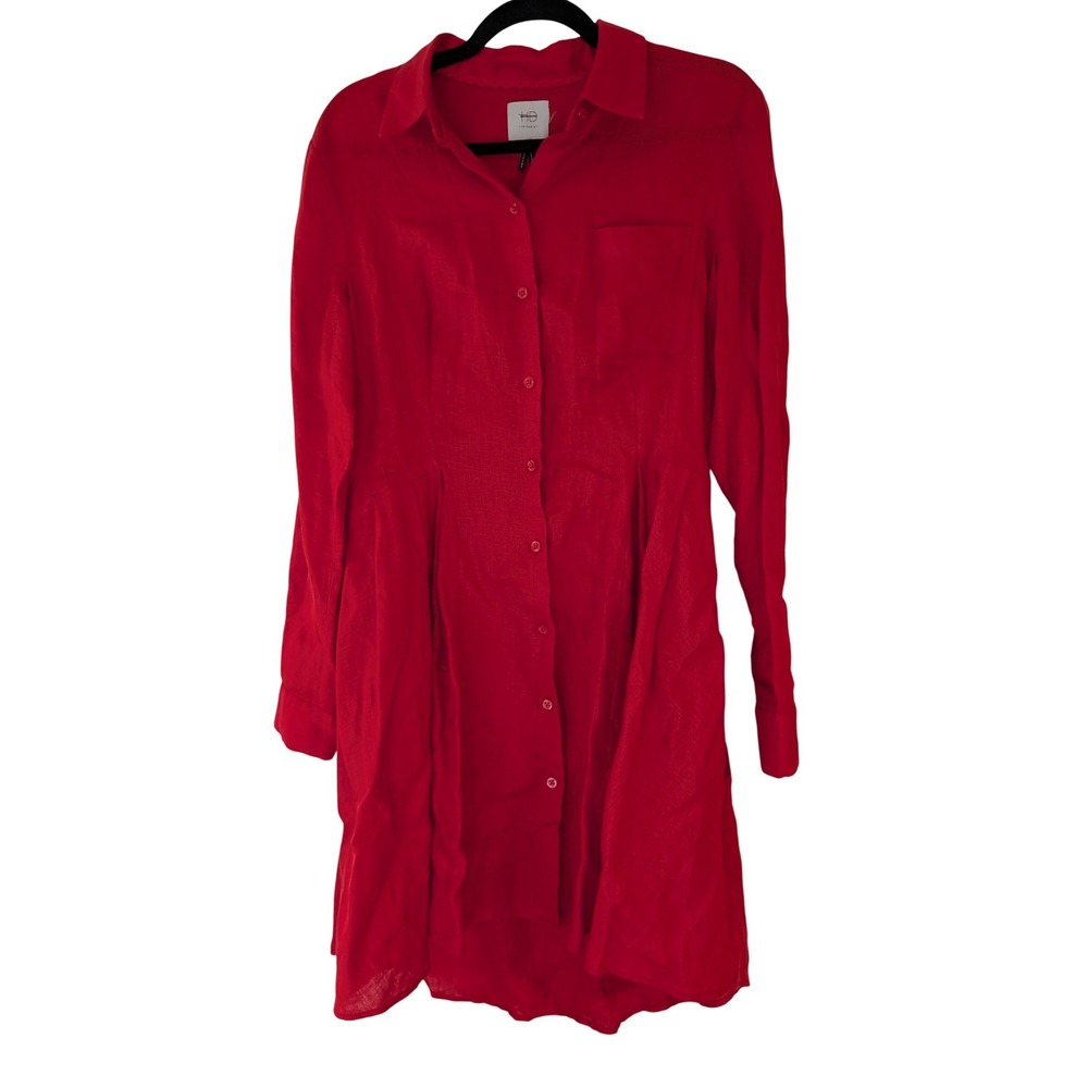 Anthropologie HD in Paris Dress Red Linen Long Sleeve Button Down Pockets